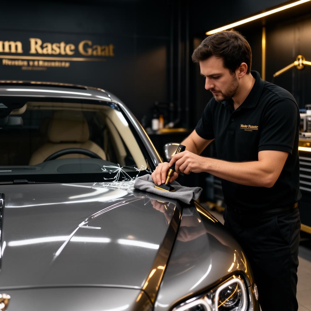 Master tint technician training on a luxury vehicle
