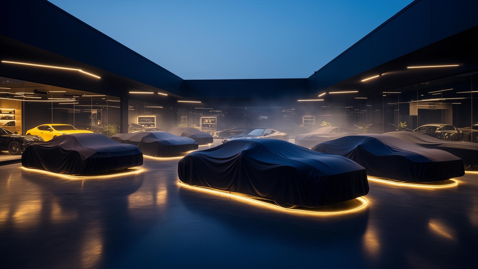Premium tint atelier with covered exotic vehicles